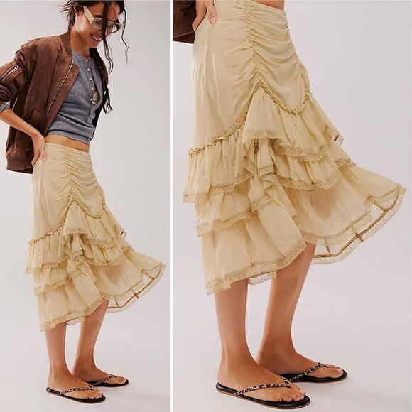 New Free People Calliope Pririe Ruffle Skirt Tan Midi S - Picture 1 of 11